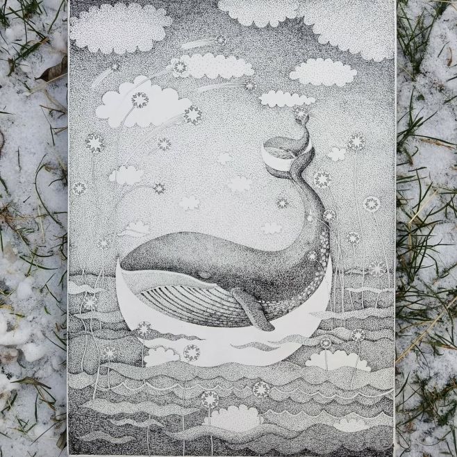 Velryba na Měsíci - kresba fixem na A3 #okatejzralok #drawing #original #whale #moon #pigmamicron